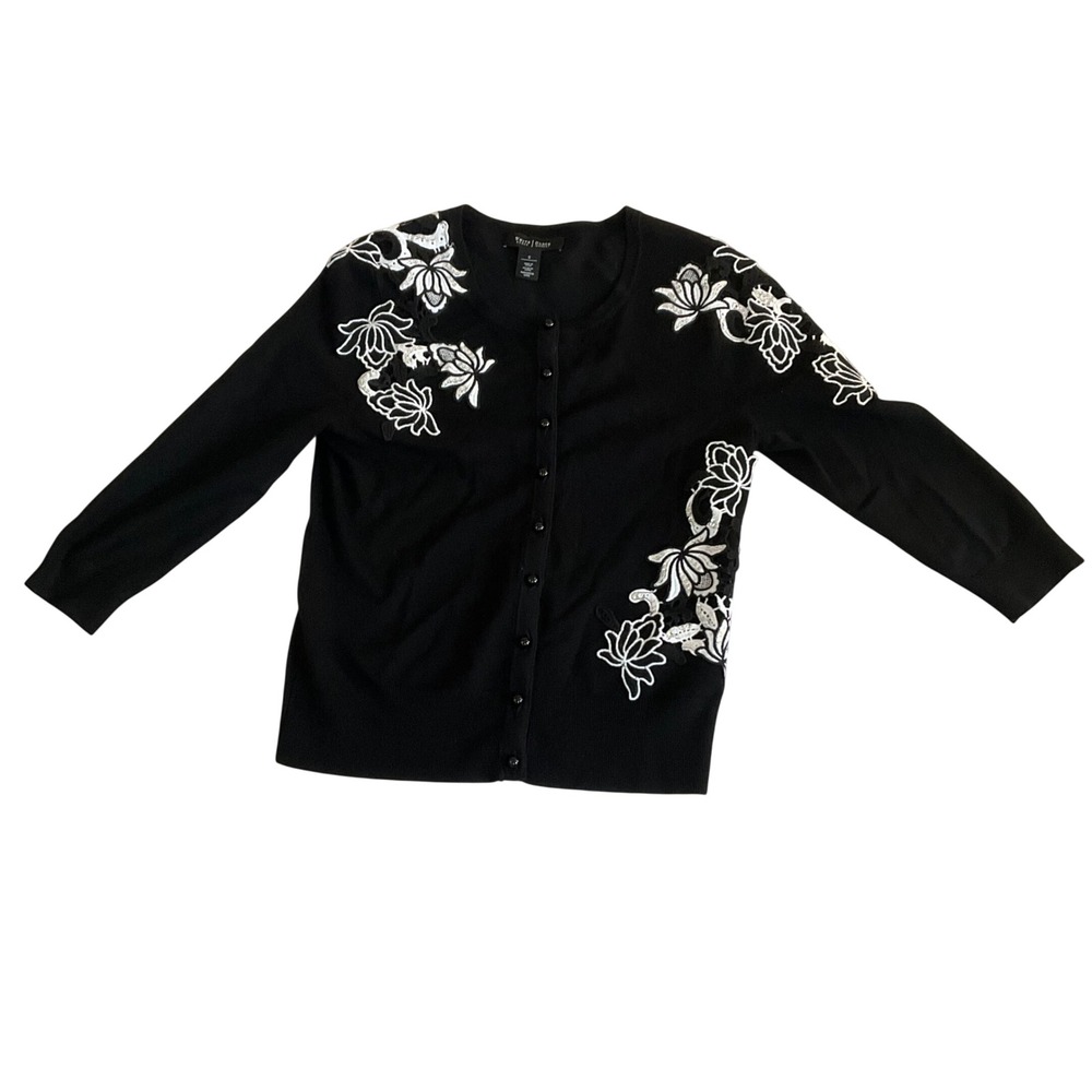White House Black Market Cardigan Women Small Black Floral Embroidered Sequin